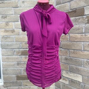Y2K Pink Ditsy Dot Ruched Blouse Tie Neck Short Sleeve Fitted Top Coquette Sz Lg